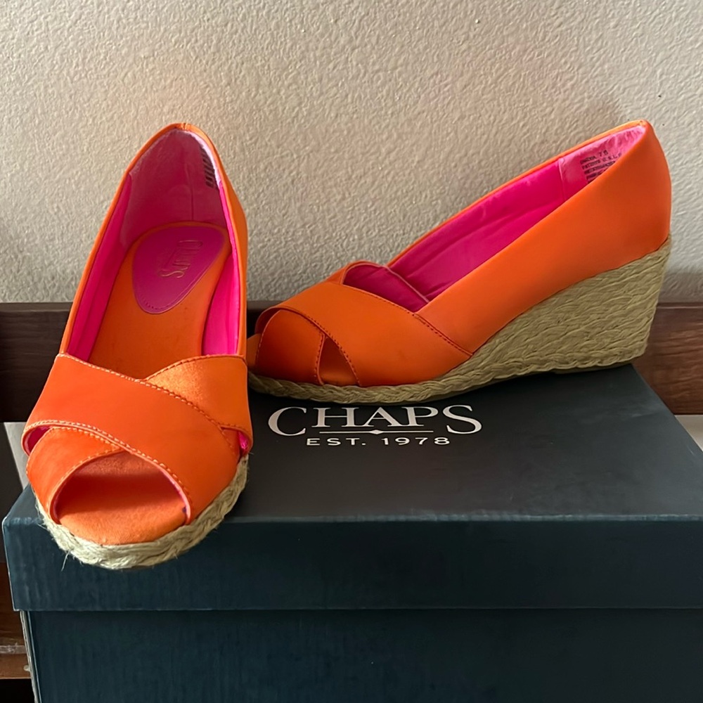 Chaps Satin Orange Open-Toe Wedge Shoes- Size 7B
